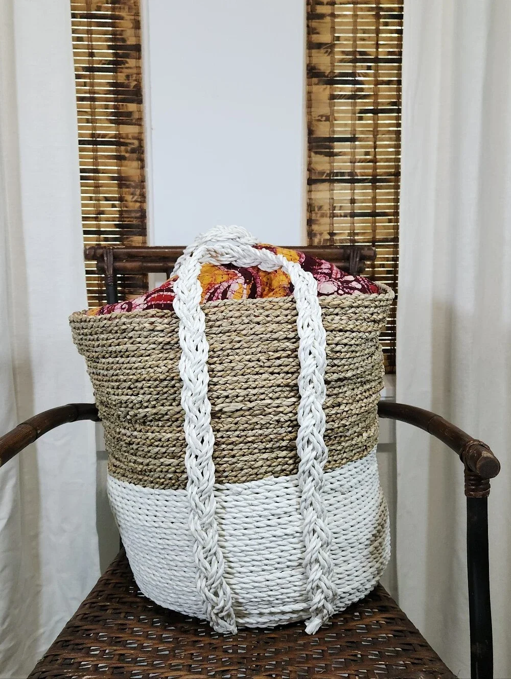 Woven Natural and White Handled Storage Basket - Home Accents